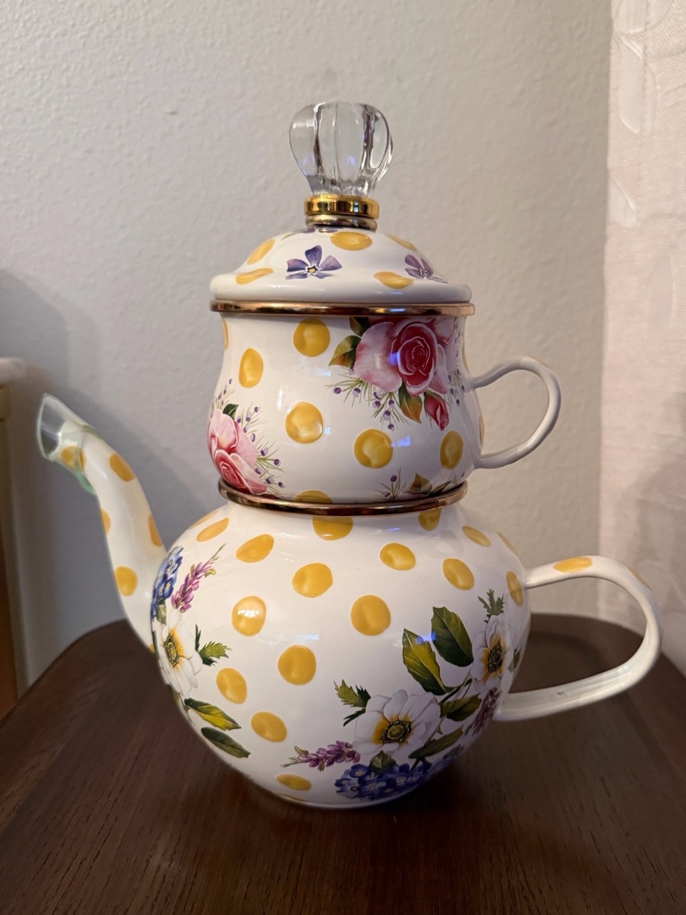 MacKenzie-Childs High Tea Yellow Polka Dot Floral Teapot